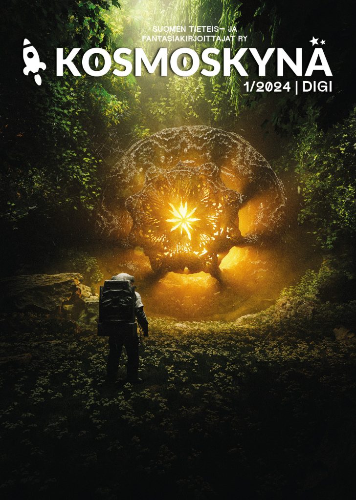 Kuvassa on astronautti, joka lähestyy metsän keskellä hohtavaa outoa palloa. Kuvan päällä on teksti: "Suomen tieteis- ja fantasiakirjoittajat ry. Kosmoskynä 1/24. Digi."